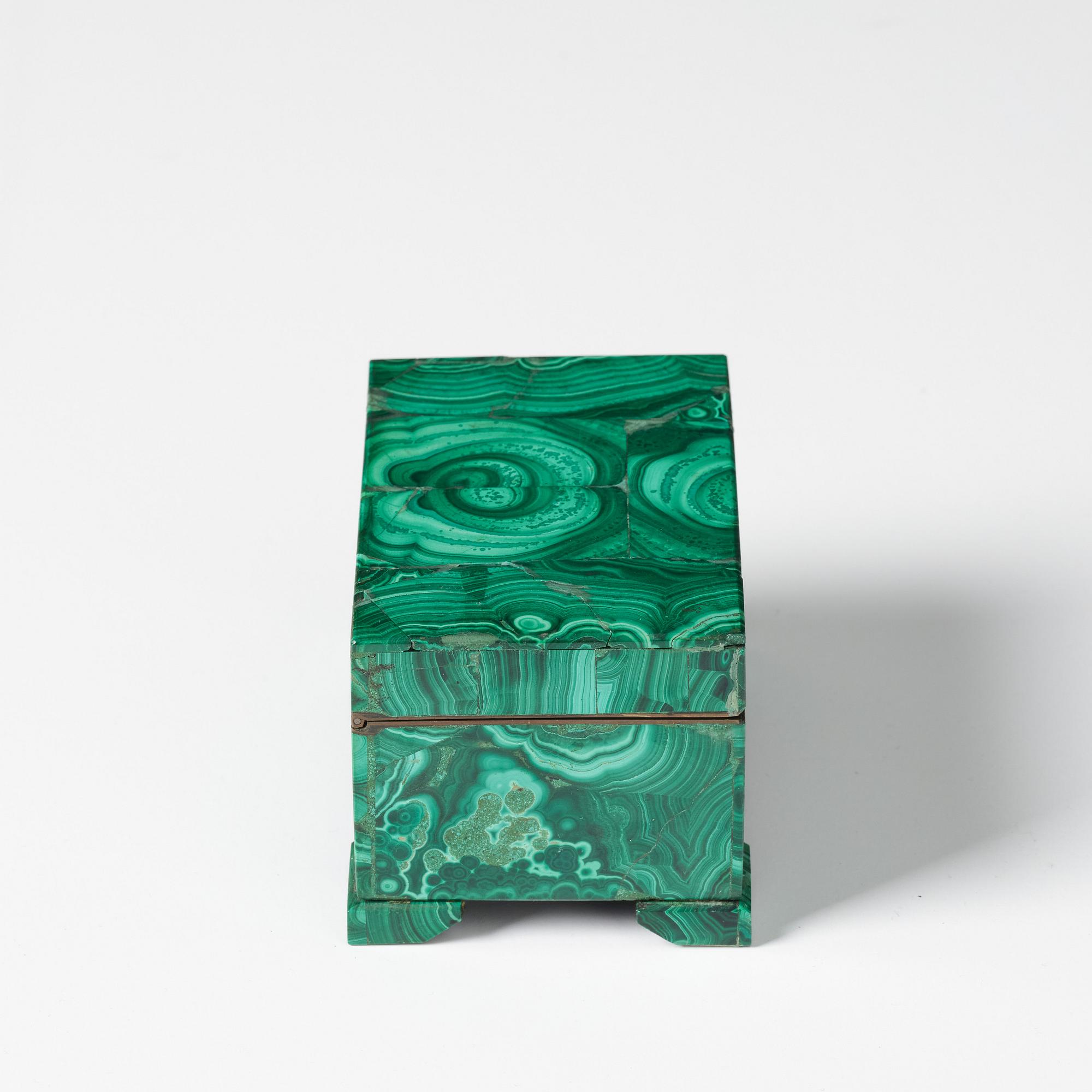 A Russian malachite-veneered box from Yekaterineburg Imperial Lapidary, circa 1900.