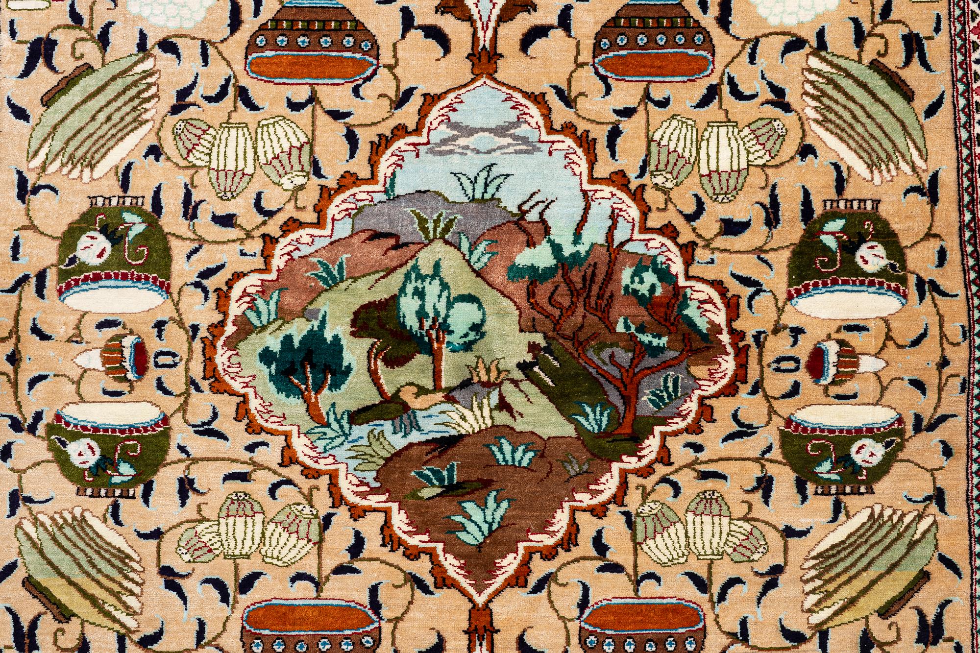 Rug, silk, figural, approx. 151 x 100 cm.
