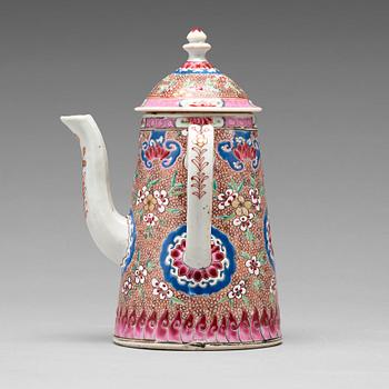 699. A famille rose coffee pot with cover, Qing dynasty, Yongzheng (1723-35).