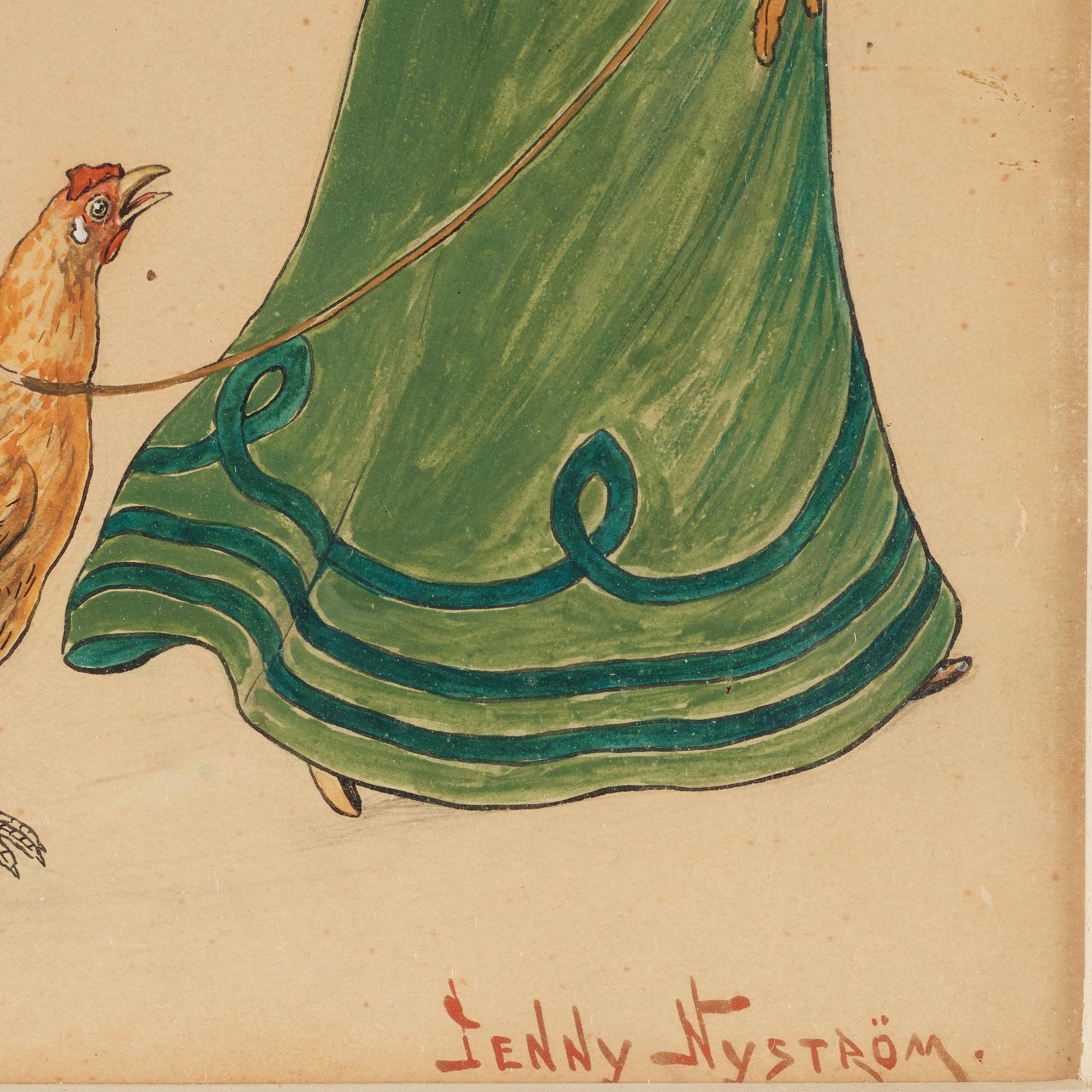 Jenny Nyström, Easter scene with elegant lady in green dress.