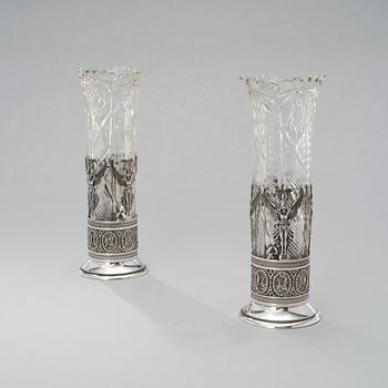 A PAIR OF CUT GLASS AND SILVER VASES, Russia, Moscow ca 1900, Ovtchinnnikov.