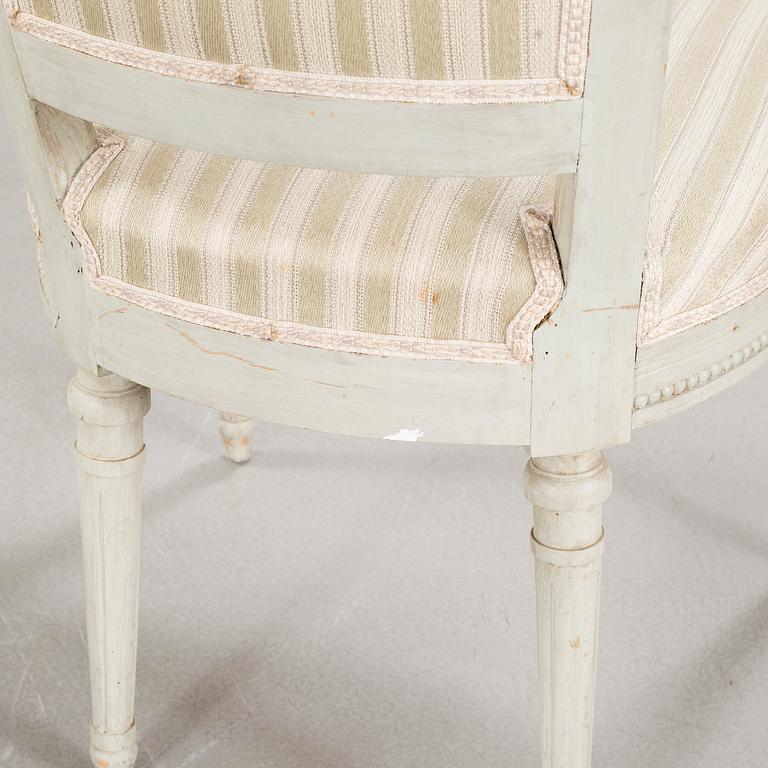 Three chairs, gustavian and gustavian style, aorund the year 1800 and around the year 1900.