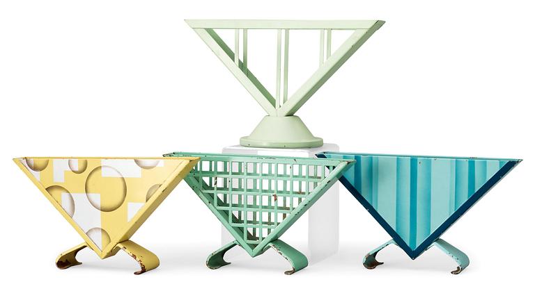 A set of four Marianne Brandt enameled metal napkin holders, Ruppelwerk Metallwarenfabrik, Gotha, Germany circa 1930-32.