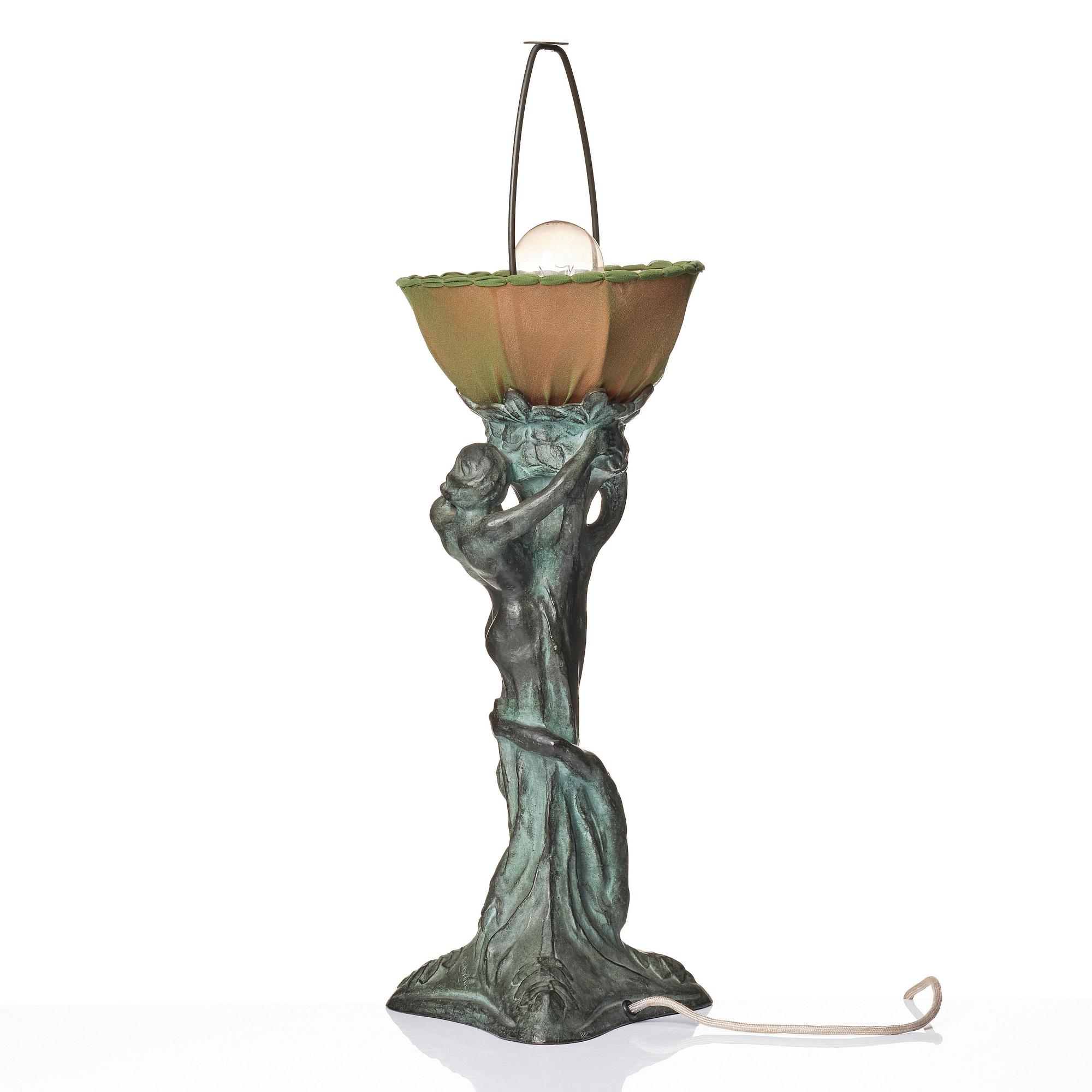 Alice Nordin, an Art Nouveau patinated bronze table lamp "Night and Morning", Herman Bergman's foundry, Stockholm, early 1900s.