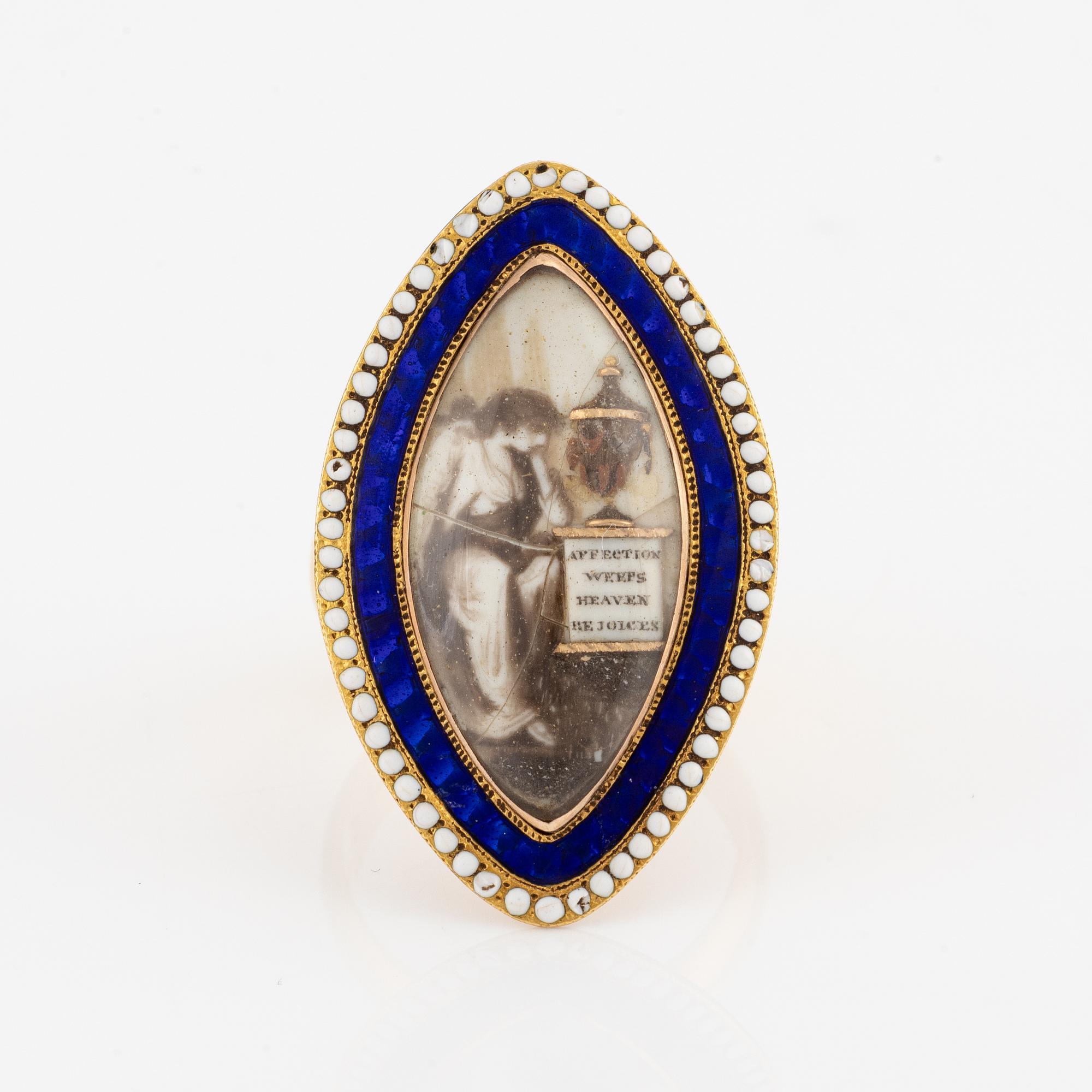 Ring, "memento mori"/mourning ring, gold, navette-shaped with blue and white enamel featuring sepia painting. Late 18th/19th century.
