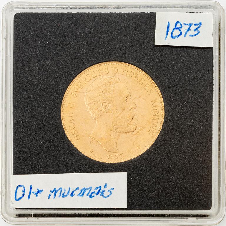 Gold coin, Oscar II, 20 kronor, type I, Sweden 1873.