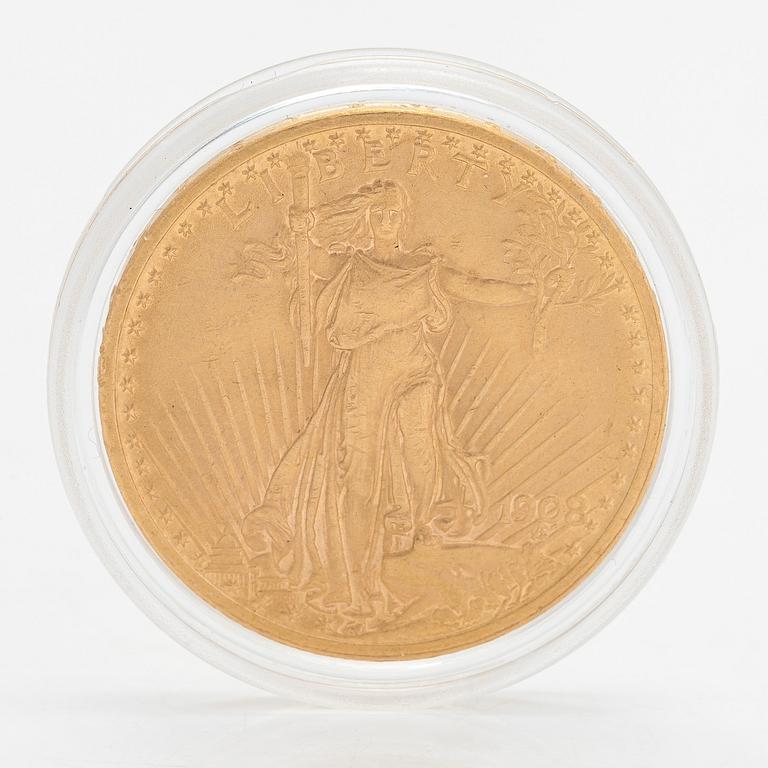 Guldmynt, 20 dollars, USA 1908 guld 900/1000. Vikt ca 33,5 g.