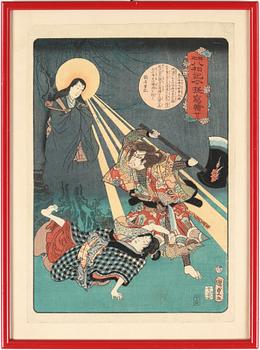 TRÄSNITT, 2 st, Japan, Kunidsada och Kunichika, 1800-tal.