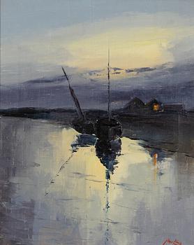 Axel Lind, Night scene with boats by the island.