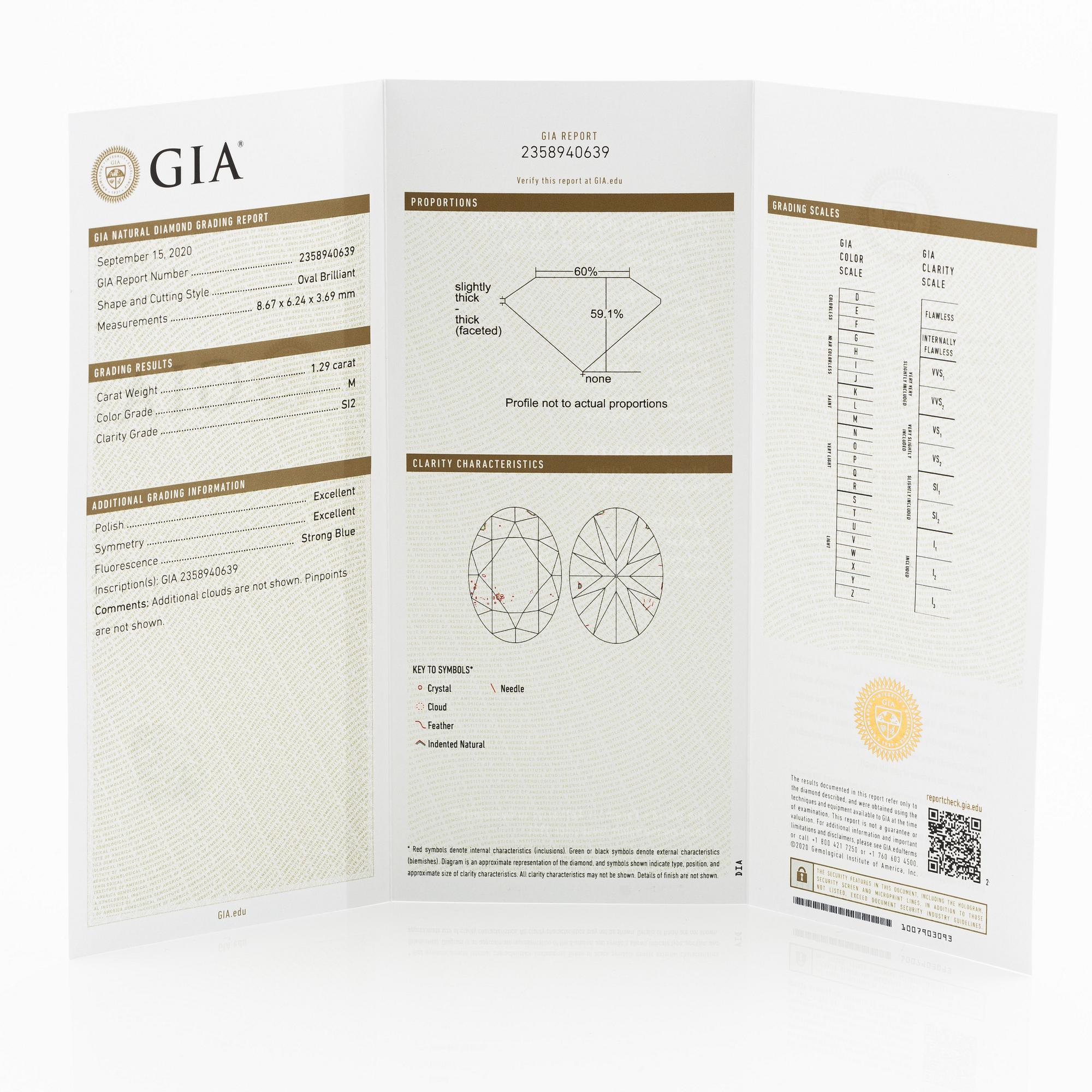 Ring 18K white gold with an oval brilliant-cut diamond 1.29 ct, accompanied by GIA report.