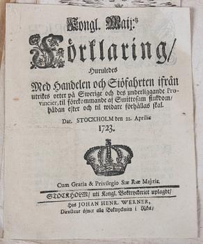 PARTI KUNGÖRELSER, AVHANDLINGAR OCH SMÅTRYCK, ca 40 st, 1700-1800-tal.