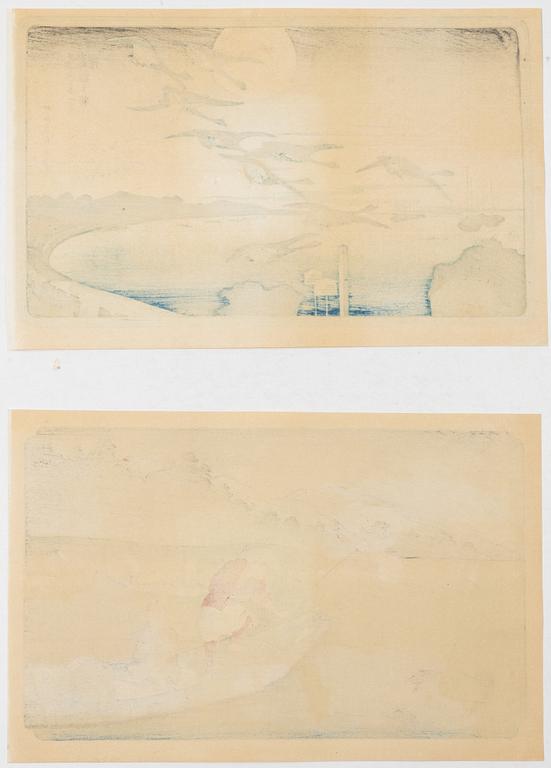 Keisai Eisen, efter, "Cormorant Fishing" och Ando Hiroshige, efter, "Full Moon Over Takanawa", 1900-talets början.