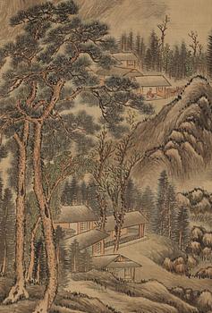 A hanging scroll of a landscape in the style of Wang Jian (1598-1677), late Qing dynasty (1644-1912).