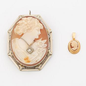 Brooch/pendant, 14K white gold and pendant in 18K gold, both with shell cameos, one with a small diamond.