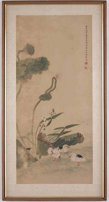 A Chinese scroll painting on silk, signed Que Lan 阙 岚（1758-1844), dated 1836.