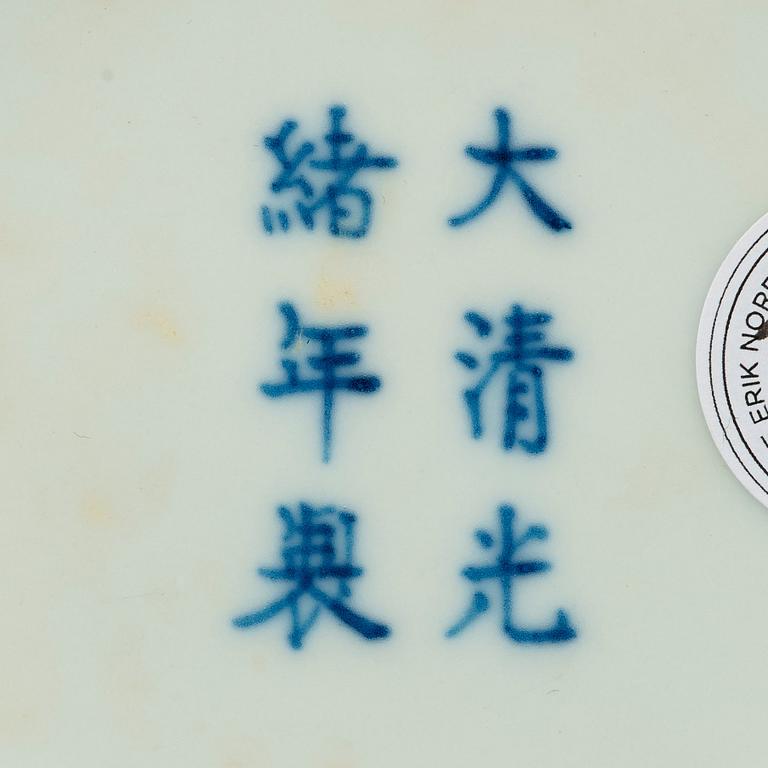 A pair of blue and white lotus dishes, Qing dynasty, Guangxu (1874-1908) marks and of period.