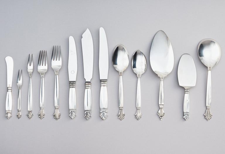 Johan Rohde, a set of 90 pcs of 'Acanthus' sterling and stainless steel flatware, Georg Jensen, Copenhagen post 1945.