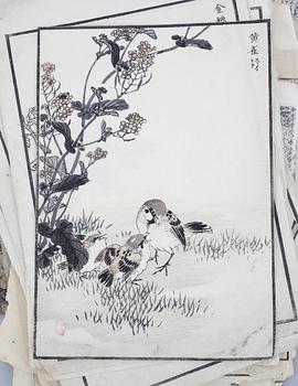 PARTI TRÄSNITT. ca 91 delar. Bland annat delar ur Hokusais Manga. Japan, 1800/1900-tal.
