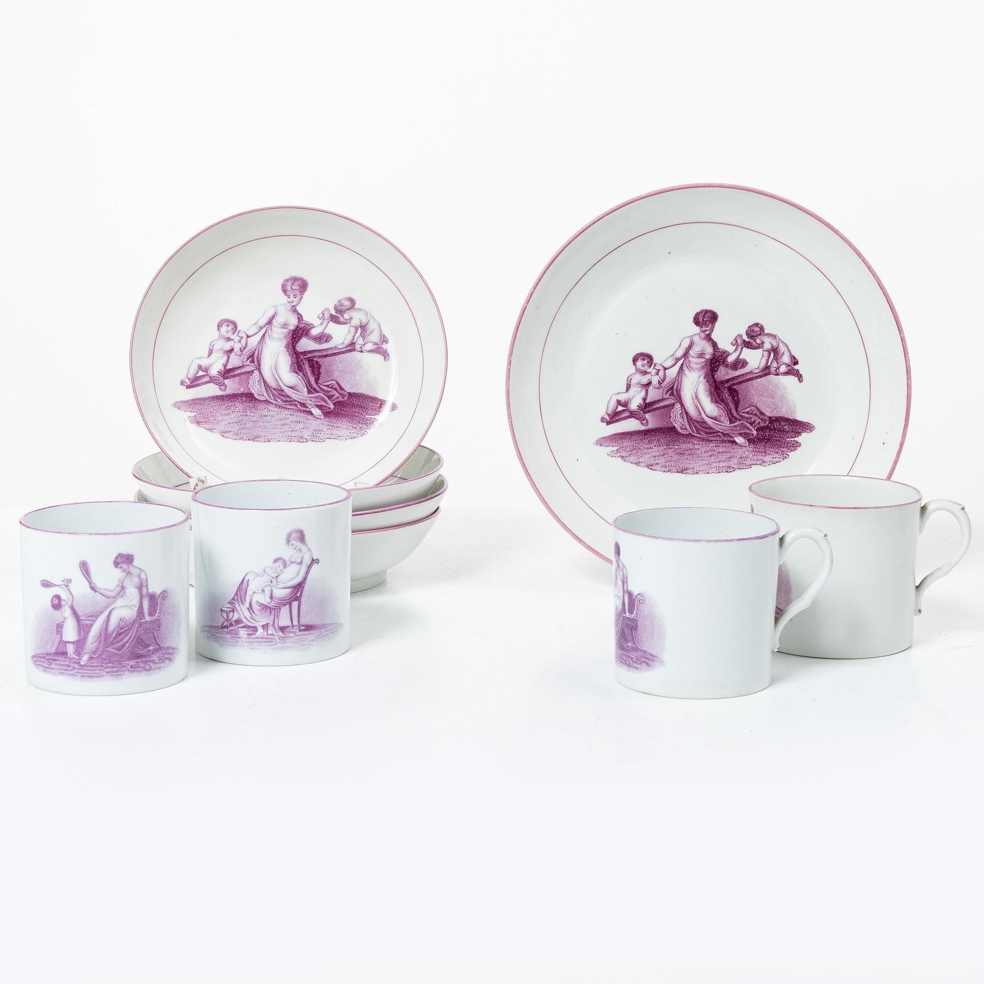 A purple camaieu part coffee service, Early 19th century.