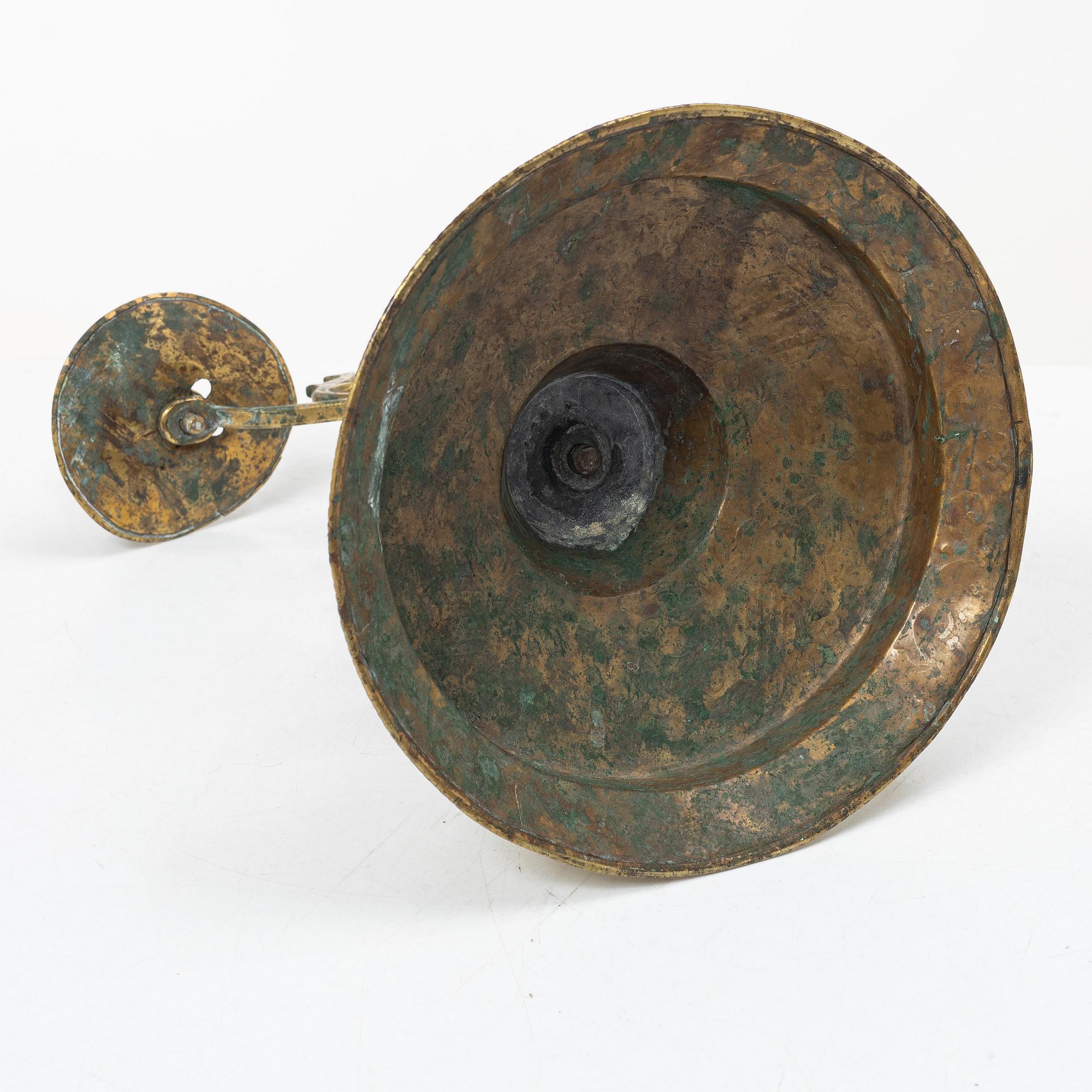 A Swedish brass two-branch candlestick, 18th/first part 19th century.