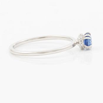 Ring 14K white gold with a sapphire and small brilliant-cut diamonds.