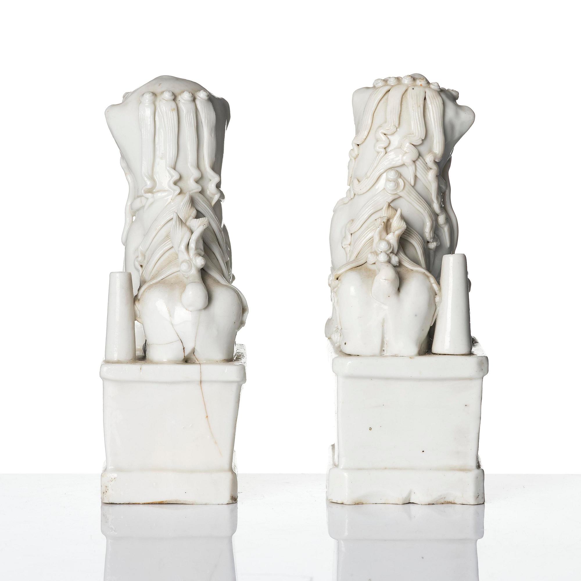 Two blanc de chine figures of buddhist lions/joss stick holders, Qing dynasty, Kangxi (1662-1722).