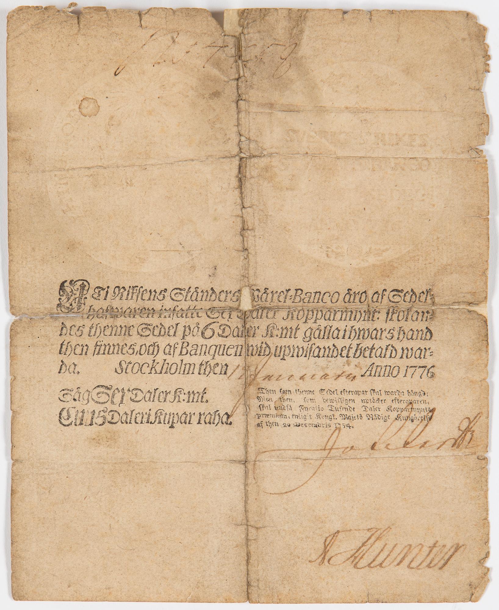 BANKSEDEL 1776/NUMISMATIKA, 1700/1800-tal.