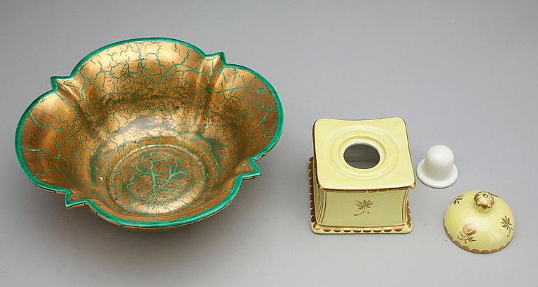 SKÅL samt BLÄCKSTÄLL, flintgods, Wilhelm Kåge, Gustavsberg 1928 och 1929.
