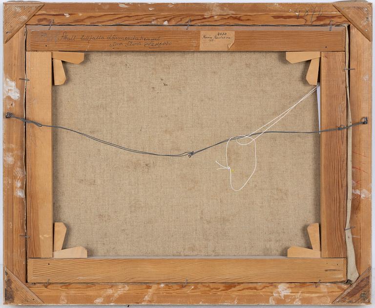 Karin Karlsson, Sommarblomster i blåvit kruka.