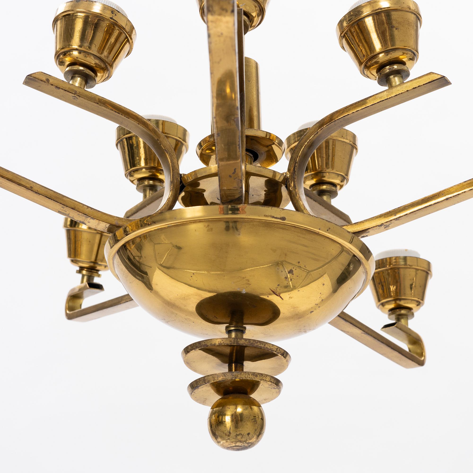 A ceiling brass lamp, ca 1930-/40's.