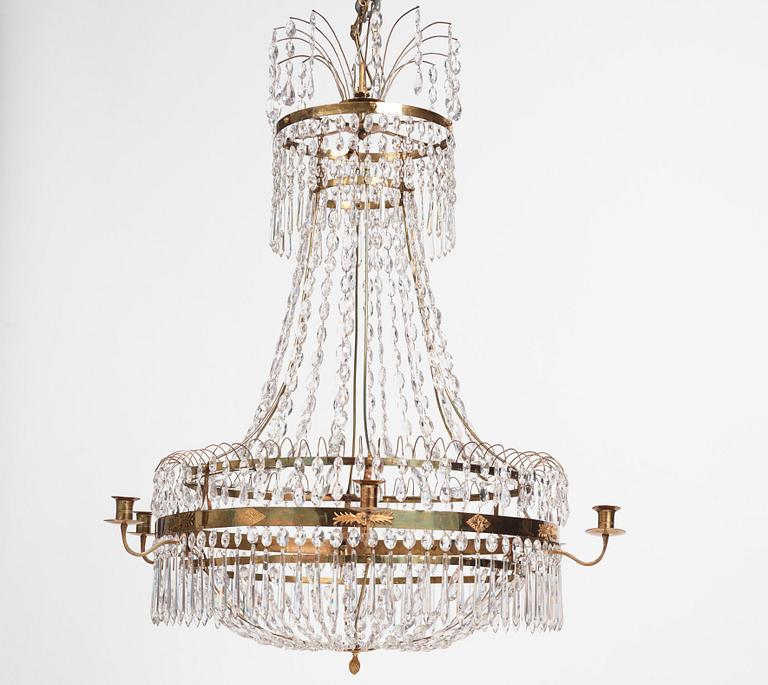 A late Gustavian gilt-brass and cut-glass six-light chandelier, Stockholm, circa 1800.