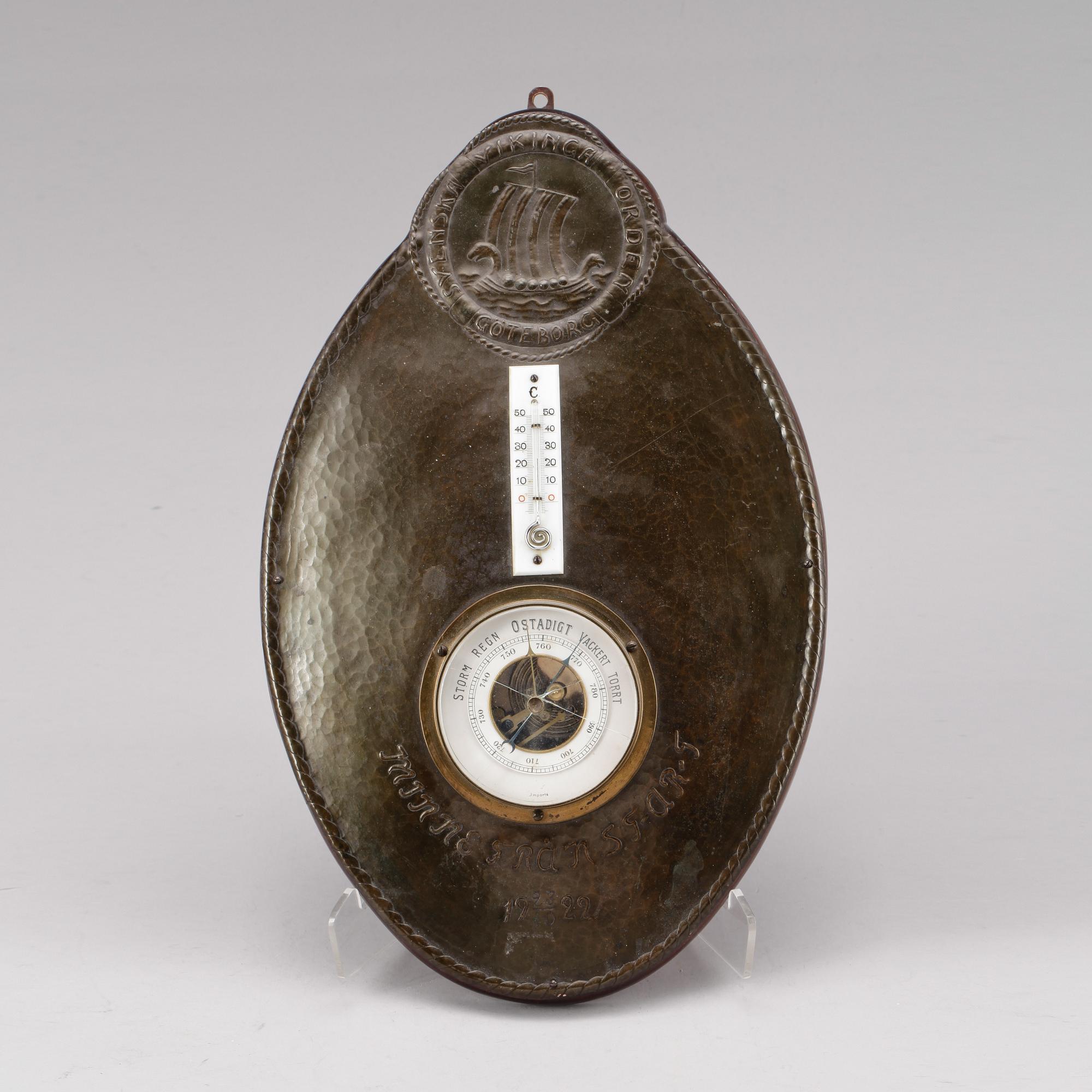 BAROMETER, koppar, Svenska Vikingaorden Göteborg 1922.