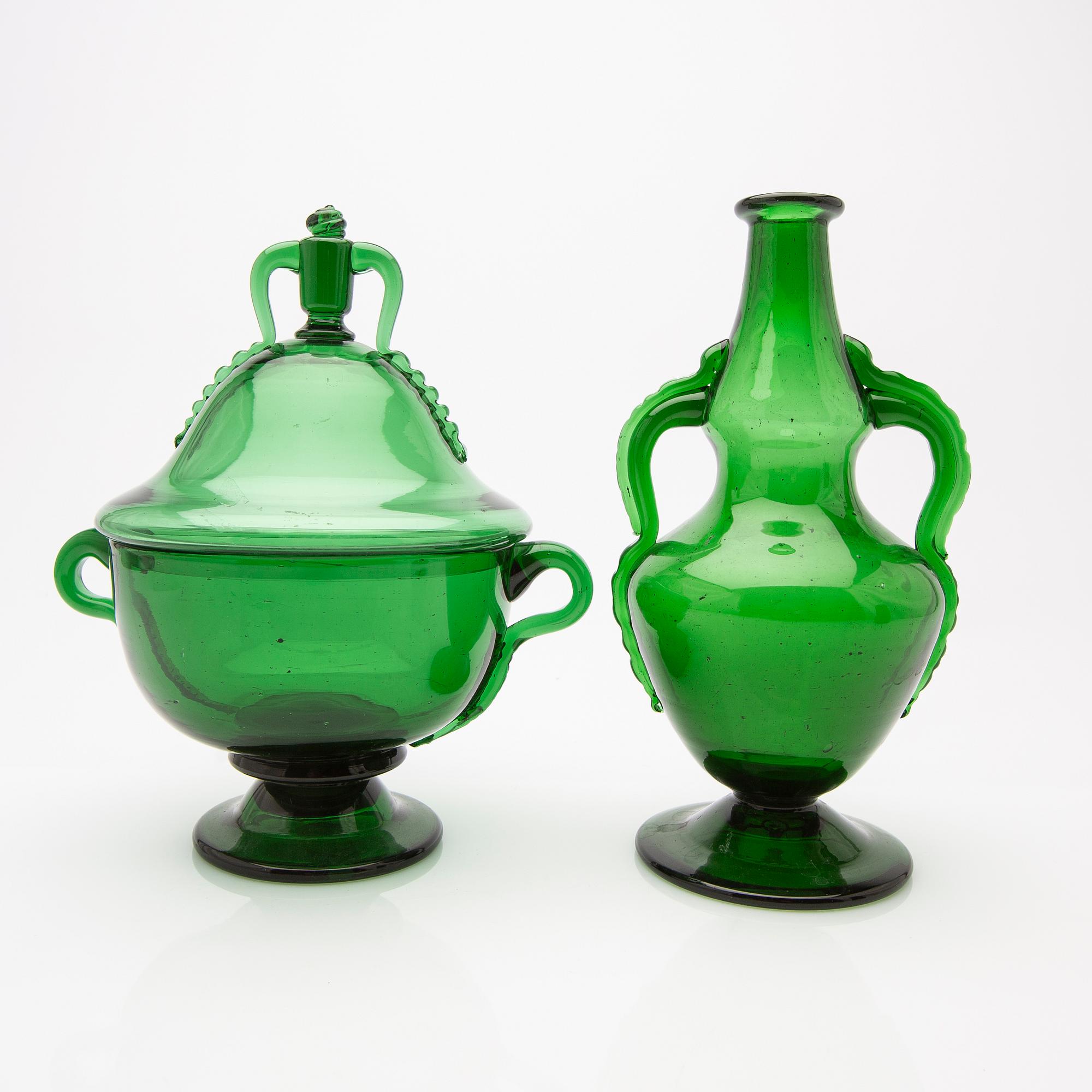 Simon Gate/ Edward Hald, decanters and bowl, 4 pcs, Orrefors, first half of the 20th century.