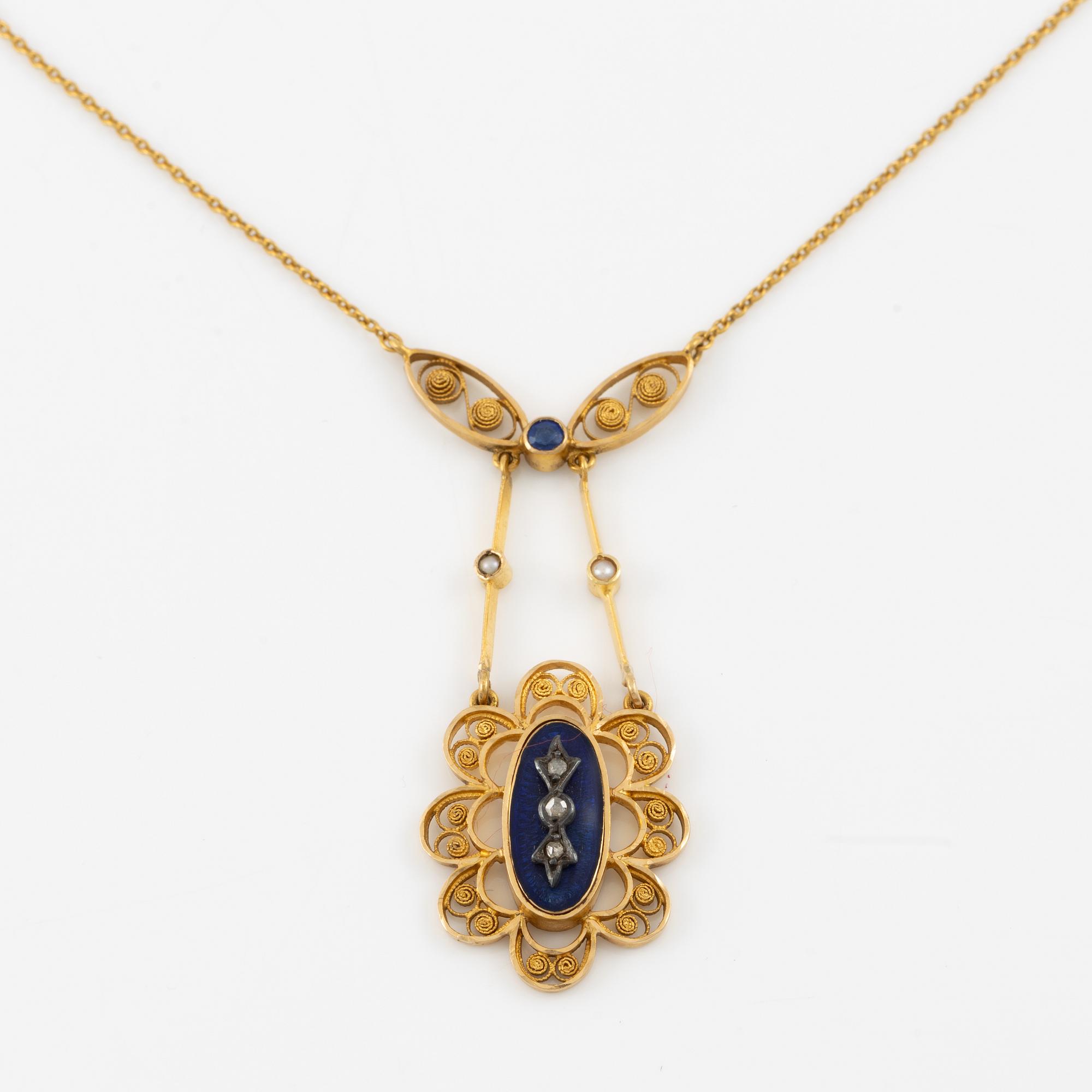 Necklace 18K gold with enamel and rose-cut diamonds.