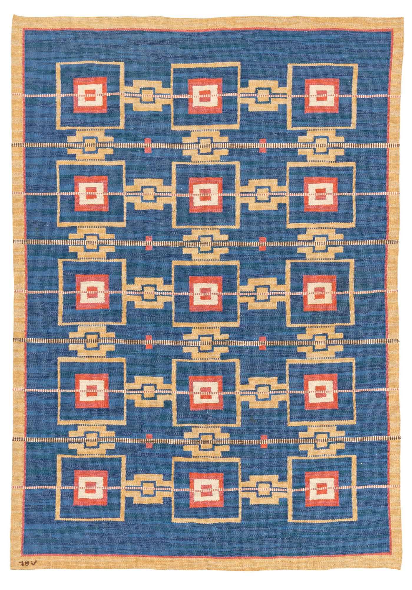a carpet, flat weave, c 243 x 170 cm, signed JBV (Johanna Brunssons Vävskola).