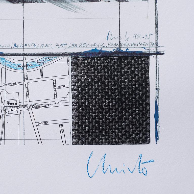 CHRISTO & JEANNE-CLAUDE, Offset print with fabric, signed in blue chalk.