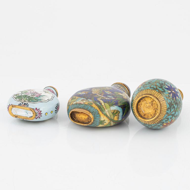 Ten snuff bottles, stone, glass and cloisonné, China, 20th century.