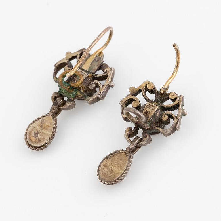 Earrings, two pairs, silver, enamel, pearls, glass stones.
