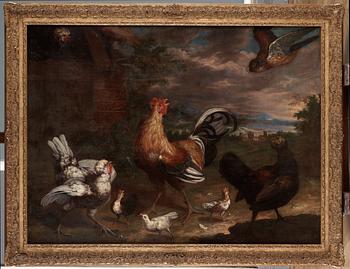 Melchior de Hondecoeter Follower of, Hawk attacking a hen family.