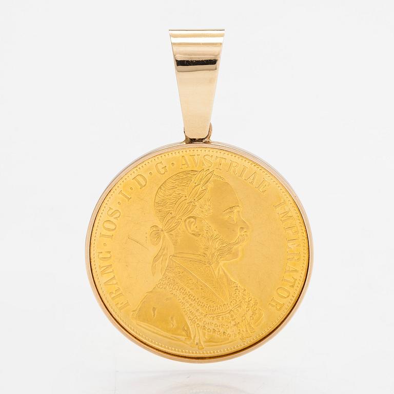 A ca 24K (.999) and 14K gold coin pendant, Franz Joseph I, Austria-Hungary, 1915. 4 Ducat.