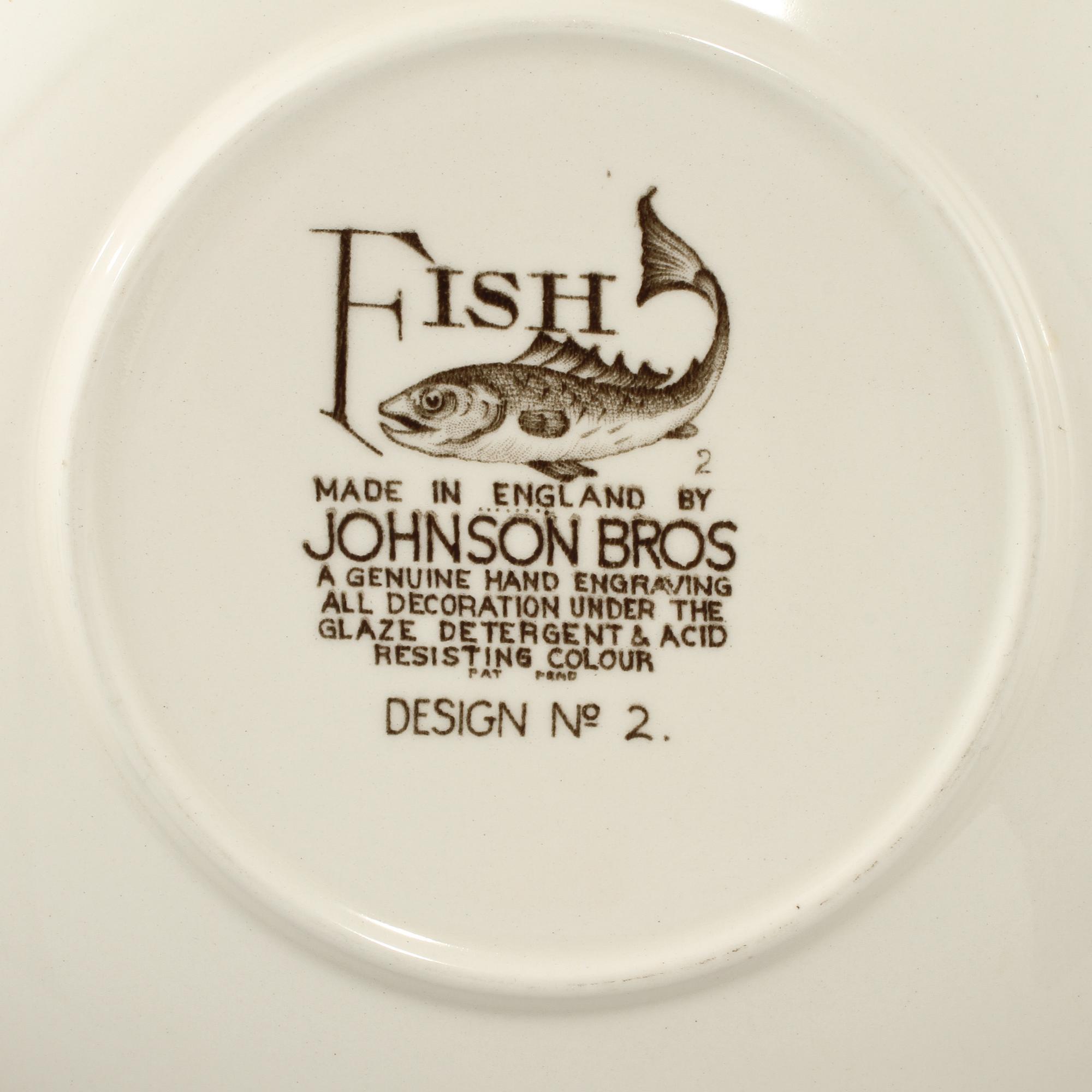 SERVISDELAR, 9 st, flintgods, "Fish" Johnson Bros. England, 1900-talets andra hälft.
