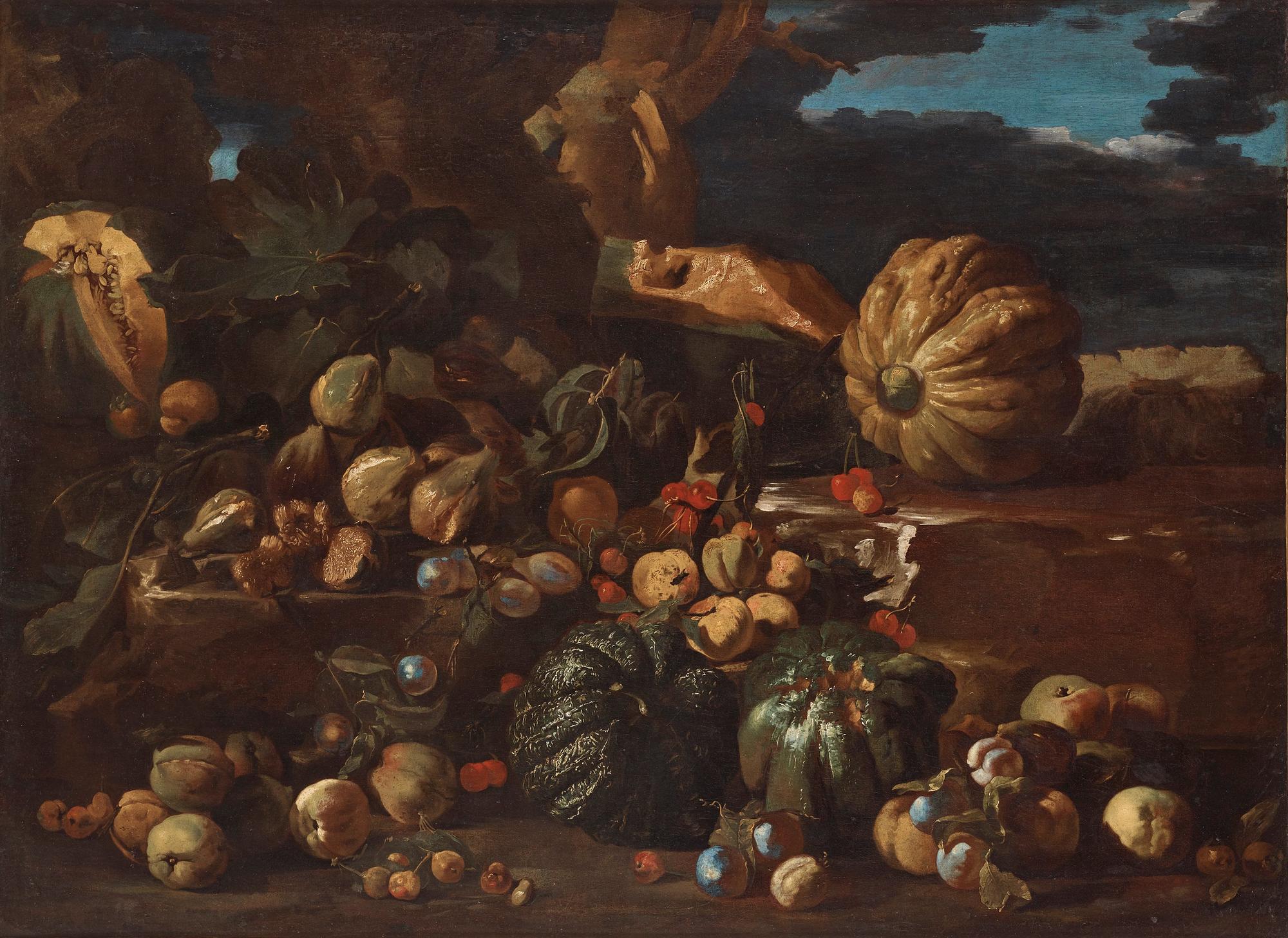 Michelangelo Pace da Campidoglio Tillskriven, Stilleben med frukter i ett landskap.