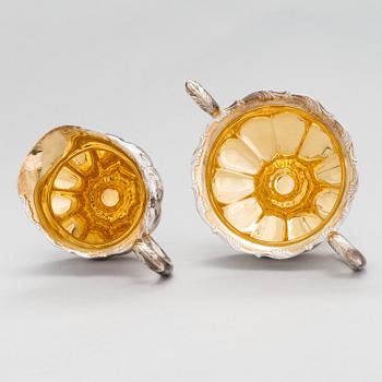 A silver coffee pot, a parcel-gilt sugar bowl and cream jug, Turku Finland 1946 and 1985.