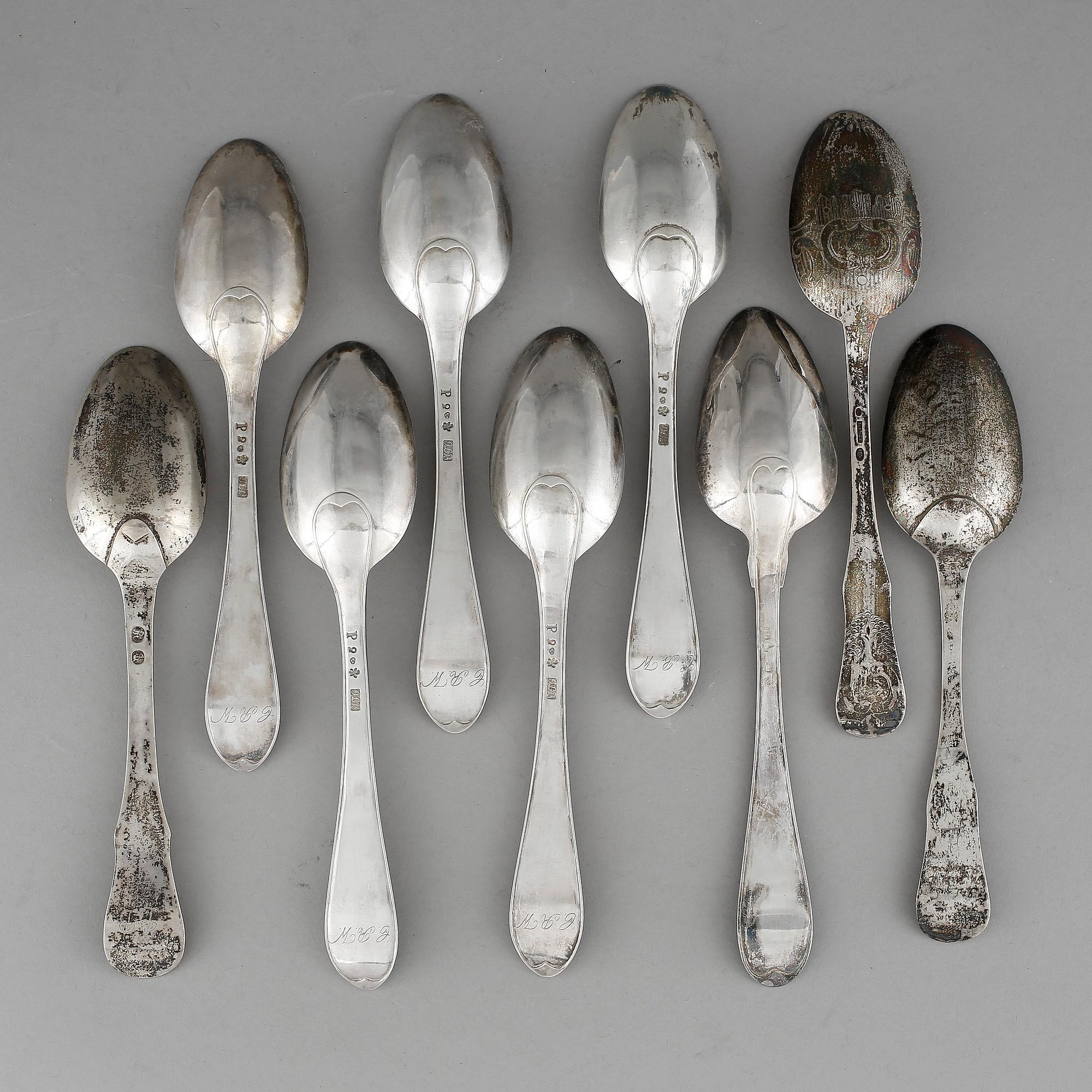 MATSKEDAR, 9 st, silver, bla Lindegren, Borås 1784. Tot ca 547 gram.