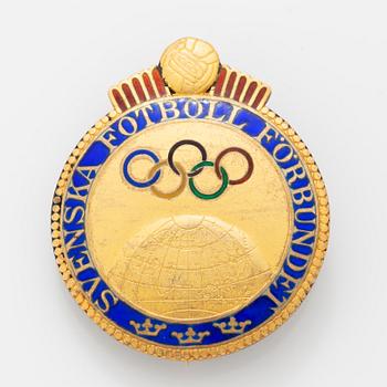 A Swedish parcel-gilt and enamel pin, Svenska Fotboll Förbundet, awarded Birger Rosengren Olympic gold, London, 1948.