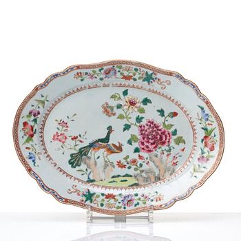 A pair of famille rose 'double peacock' serving dishes, Qing dynasty, Qianlong (1736-95).