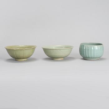 A group of three celadon bowl, South East Asia, 17th Century and later.