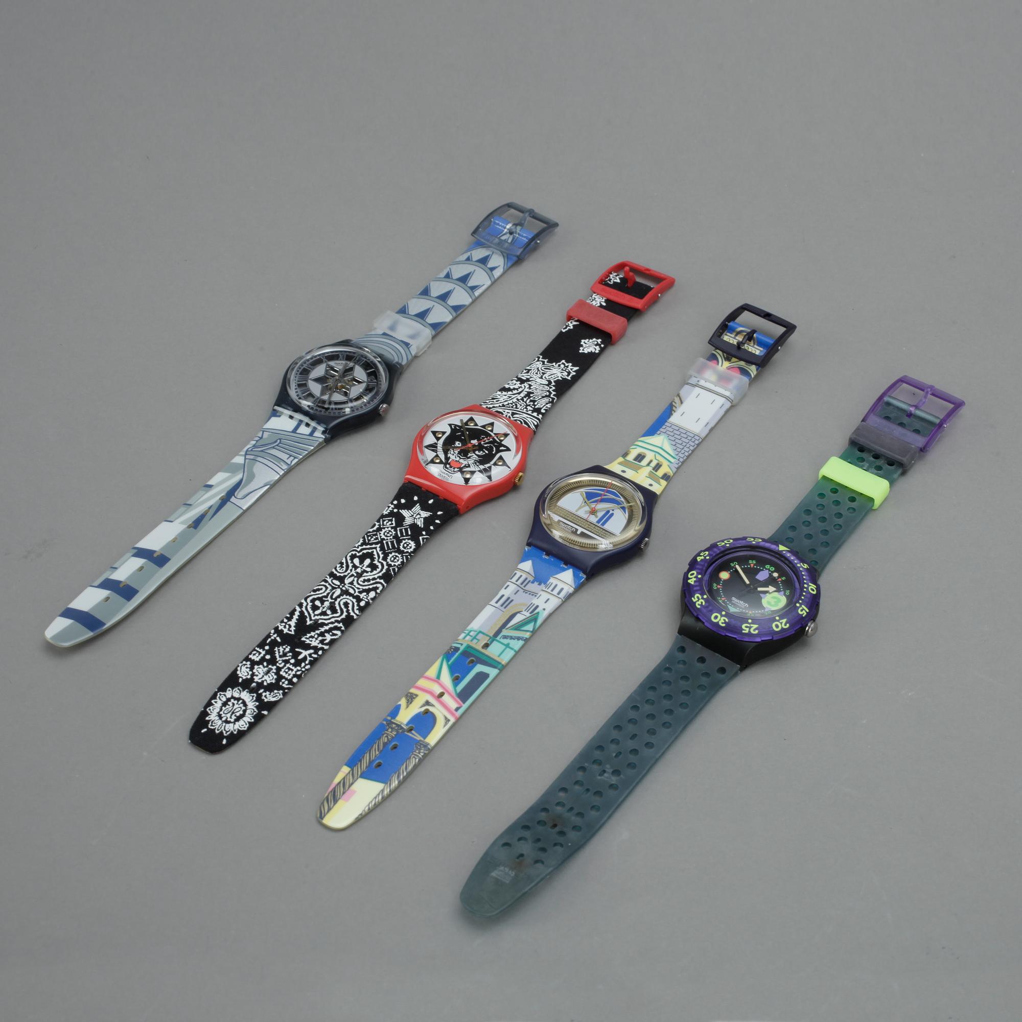 SWATCHKLOCKOR, 4st, "Scuba 200. Captain Nemo", "Decoscraper",  "Back stage", "Rap", plast, ca1992-1994.