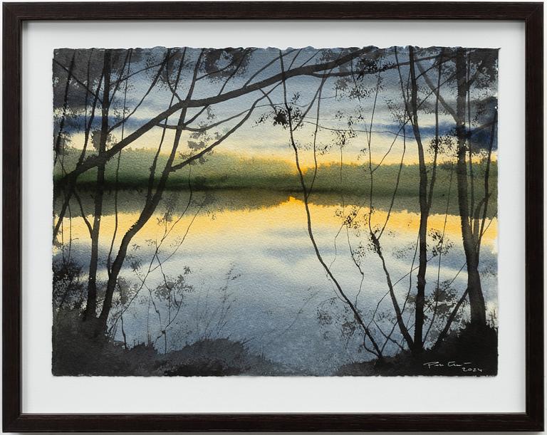 Peter Eugén, Evening twilight by the lake with trees.