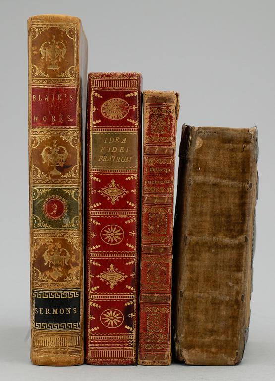 PRAKTPSALMBOK SAMT 3 BÖCKER OM TEOLOGI OCH LITURGI, bla "Kärt begrepp af den Christeliga läran", Stockholm 1804.